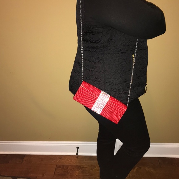 Red Satin Pearl and Diamond Handbag Clutch Purse - Picture 2 of 5